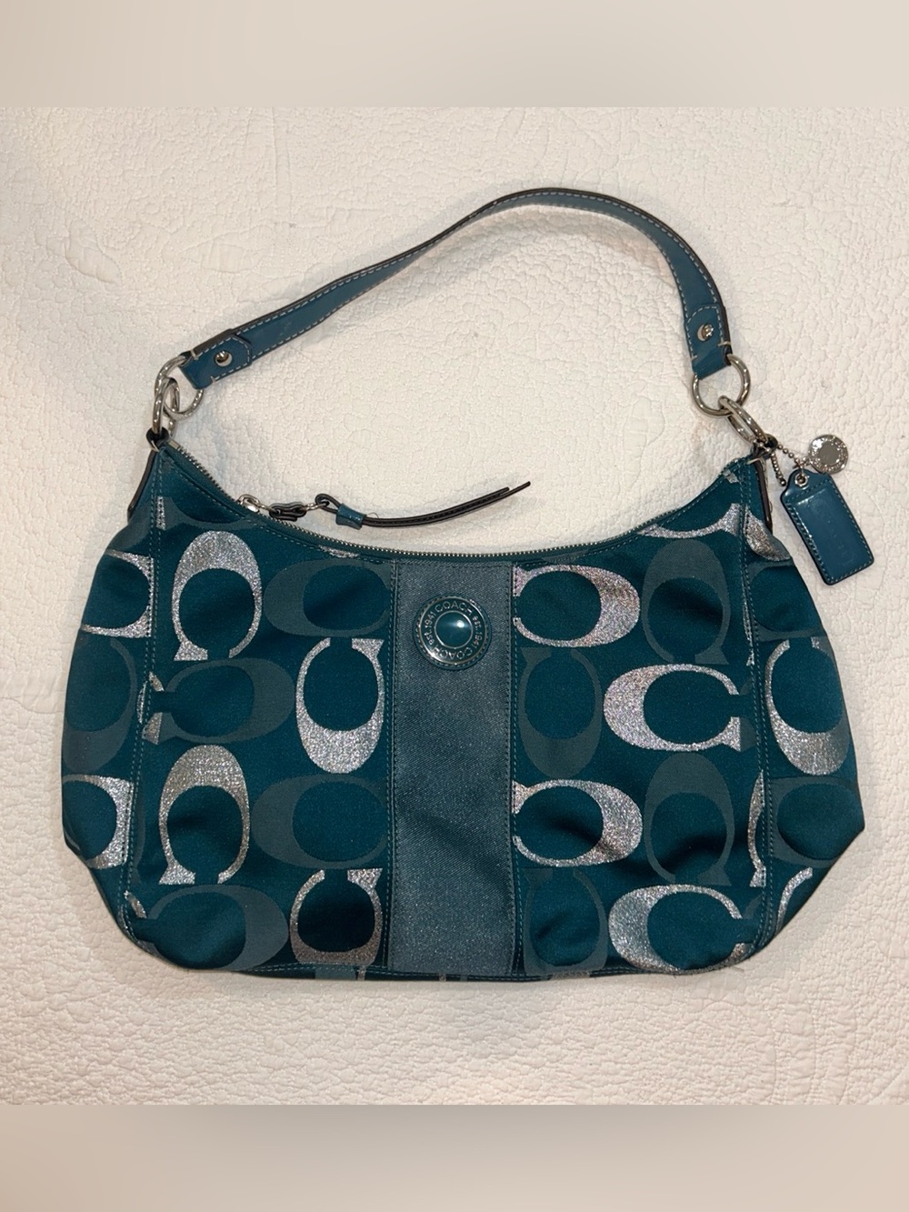 Coach Vintage Teal Signature Shoulder Bag with Silver Accents